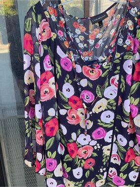 Lane Bryant Navy Floral V-Neck Tunic with Pink and Coral Blooms
